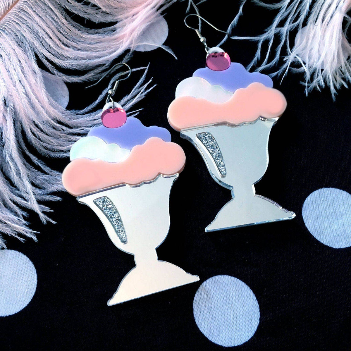 Pastel Ice Cream Sundae Big Dessert Earrings, Laser Cut Acrylic, Plastic Jewelry