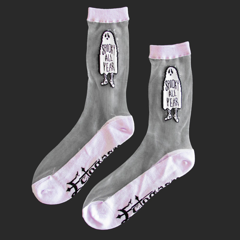 Sheer "Spooky All Year" Ghost Crew Socks for Halloween