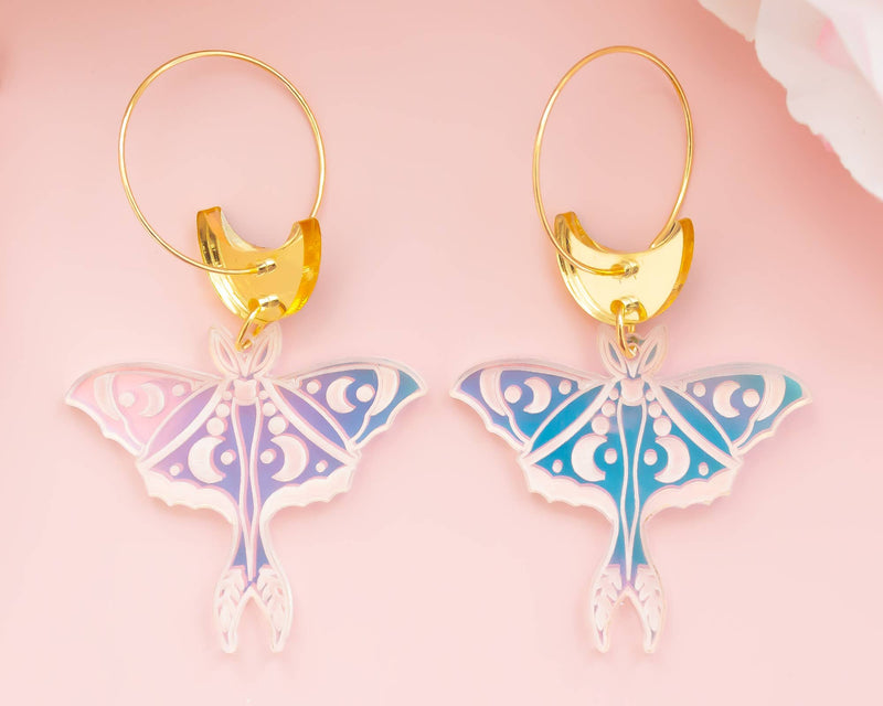 Celestial Earrings Holographic Moth & Moon Hoops