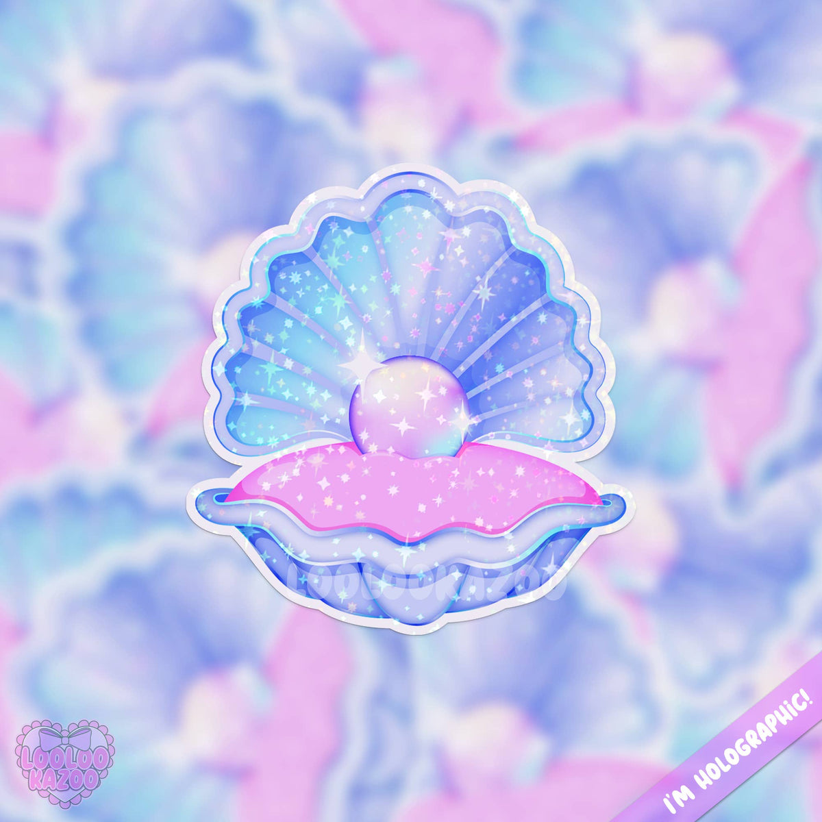 Holographic Stars Oyster with Pearl Cute Vinyl Sticker