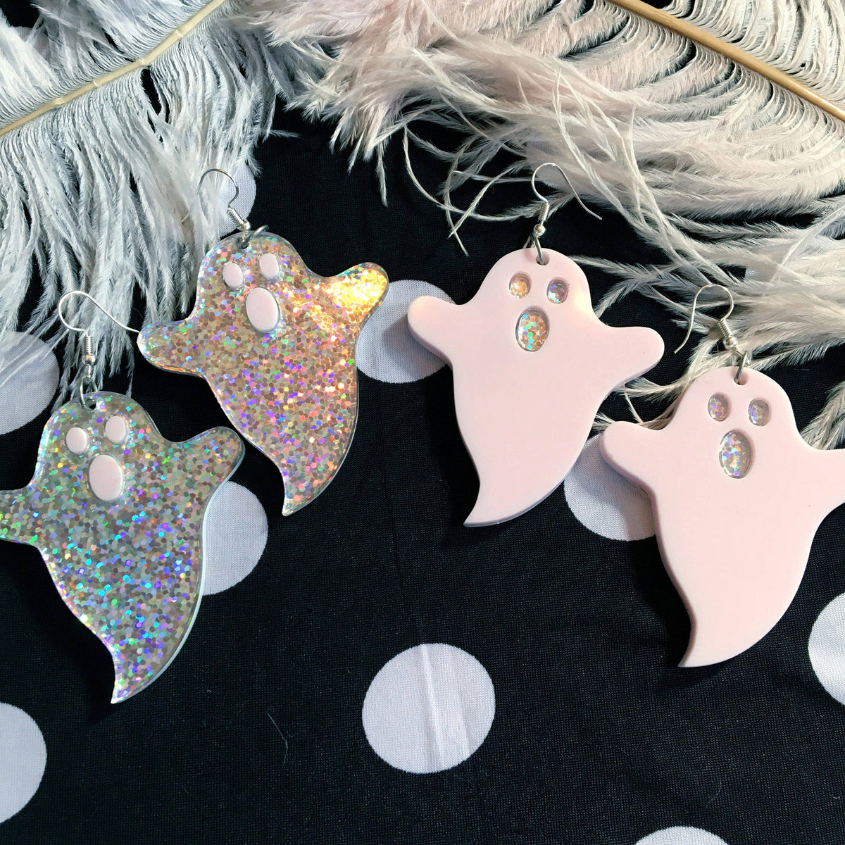 Spooky Ghost Earrings, Pink Or Iridescent Silver, Laser Cut Acrylic, Plastic Jewelry