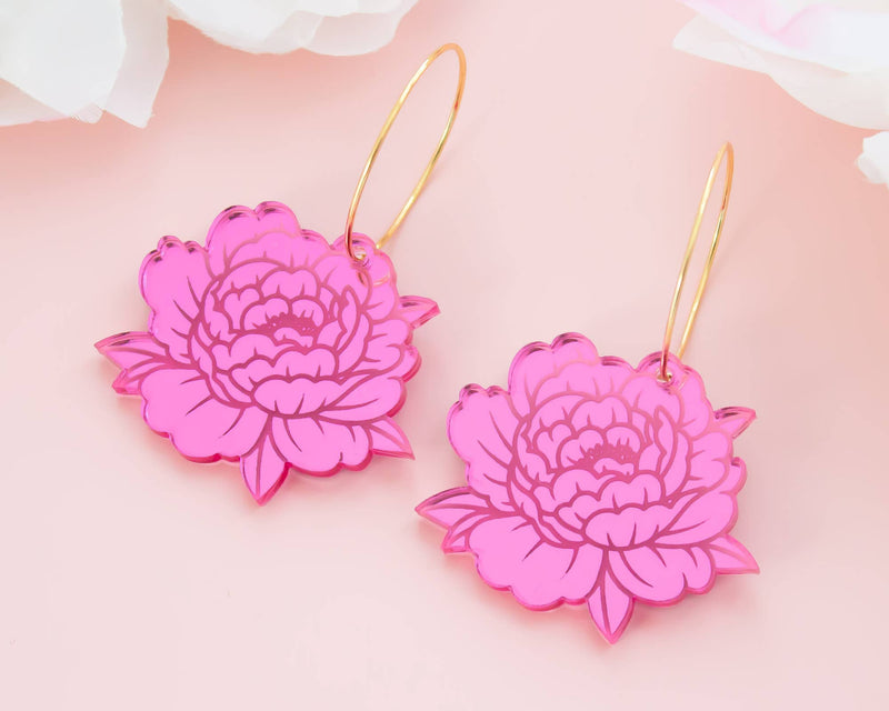 Pink Peony Earrings, Flower Hoops
