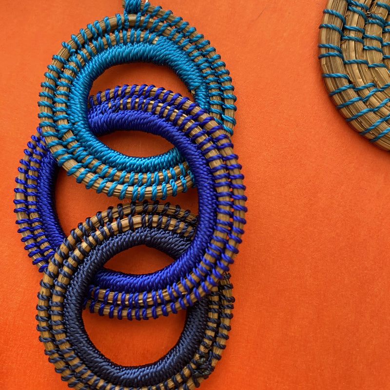 Blue Woven Grass TRIPLE HOOP earrings