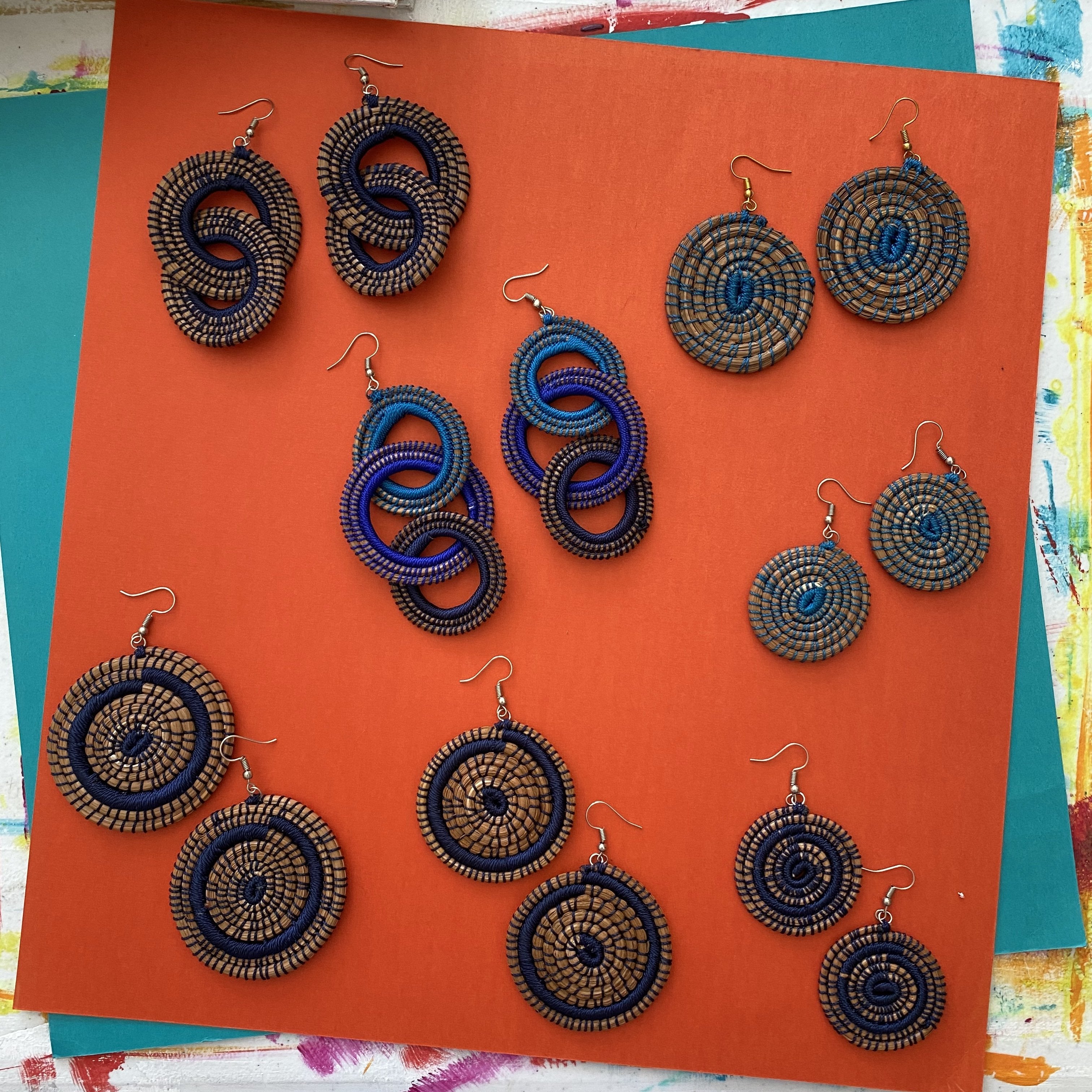 Blue Woven Grass TRIPLE HOOP earrings