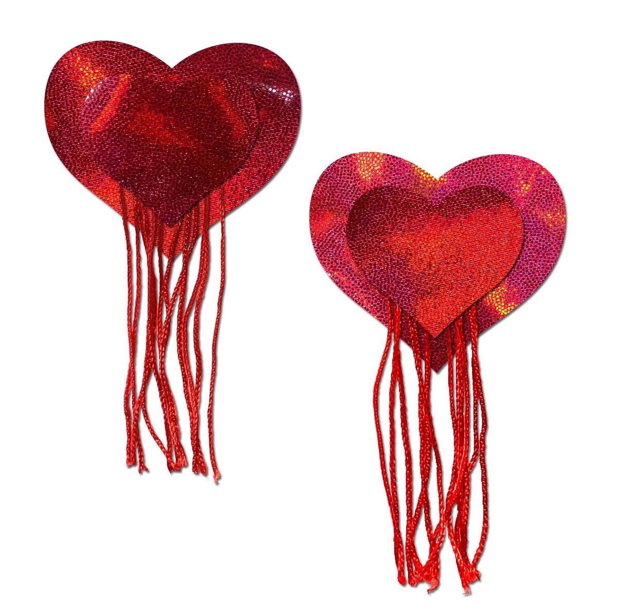 Tassels: Red Holographic Hearts with Tassels Nipple Pasties