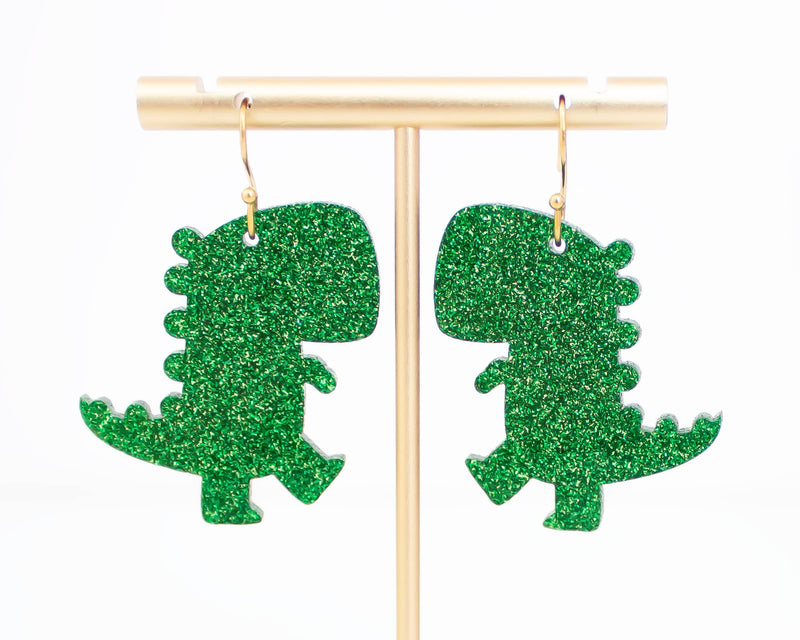 Dinosaur Earrings, Green Glitter Acrylic Dangles Handmade