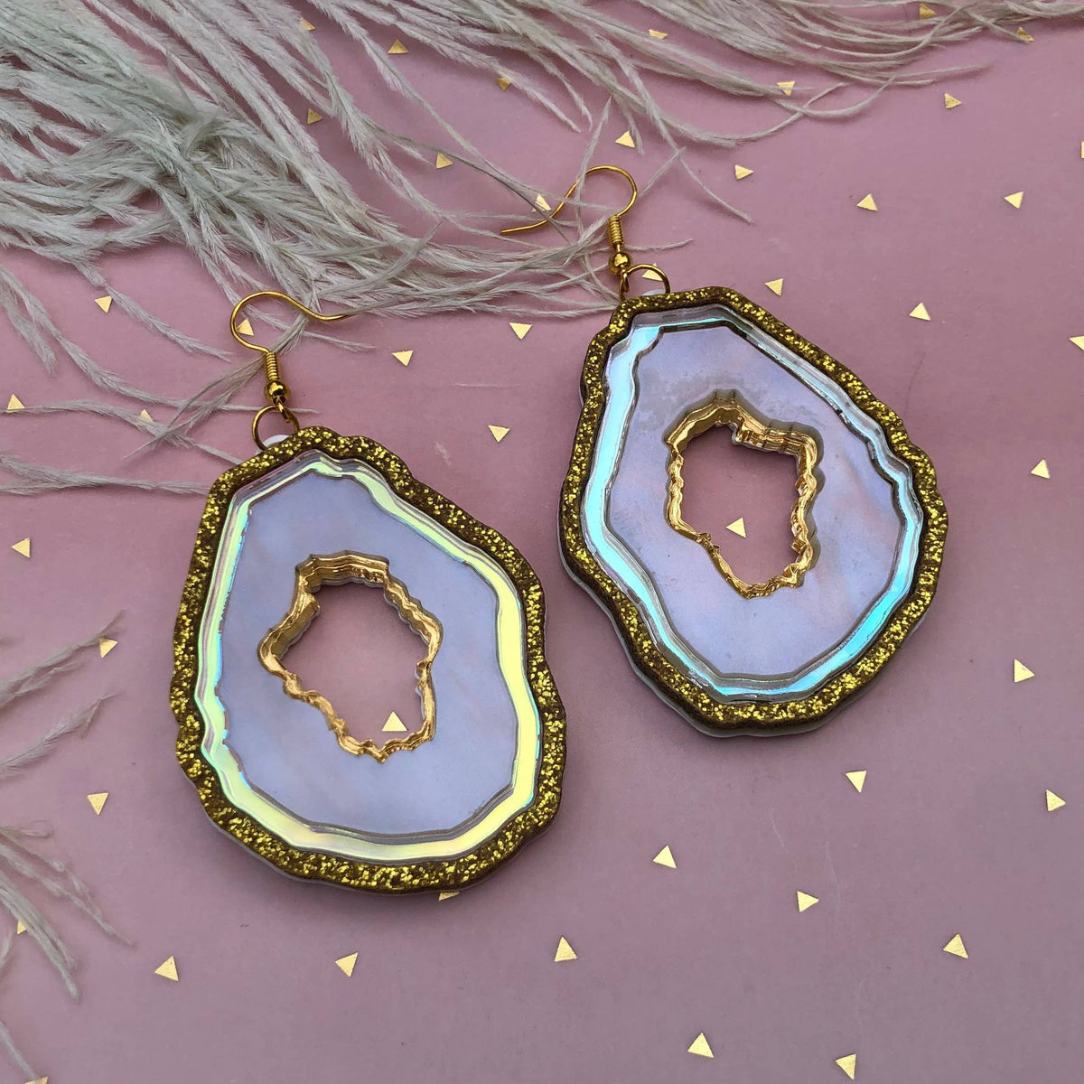 Marble Pearl, Radiant, Gold Mirror And Glitter Laser Cut Acrylic, Plastic Jewelry Geode Earrings