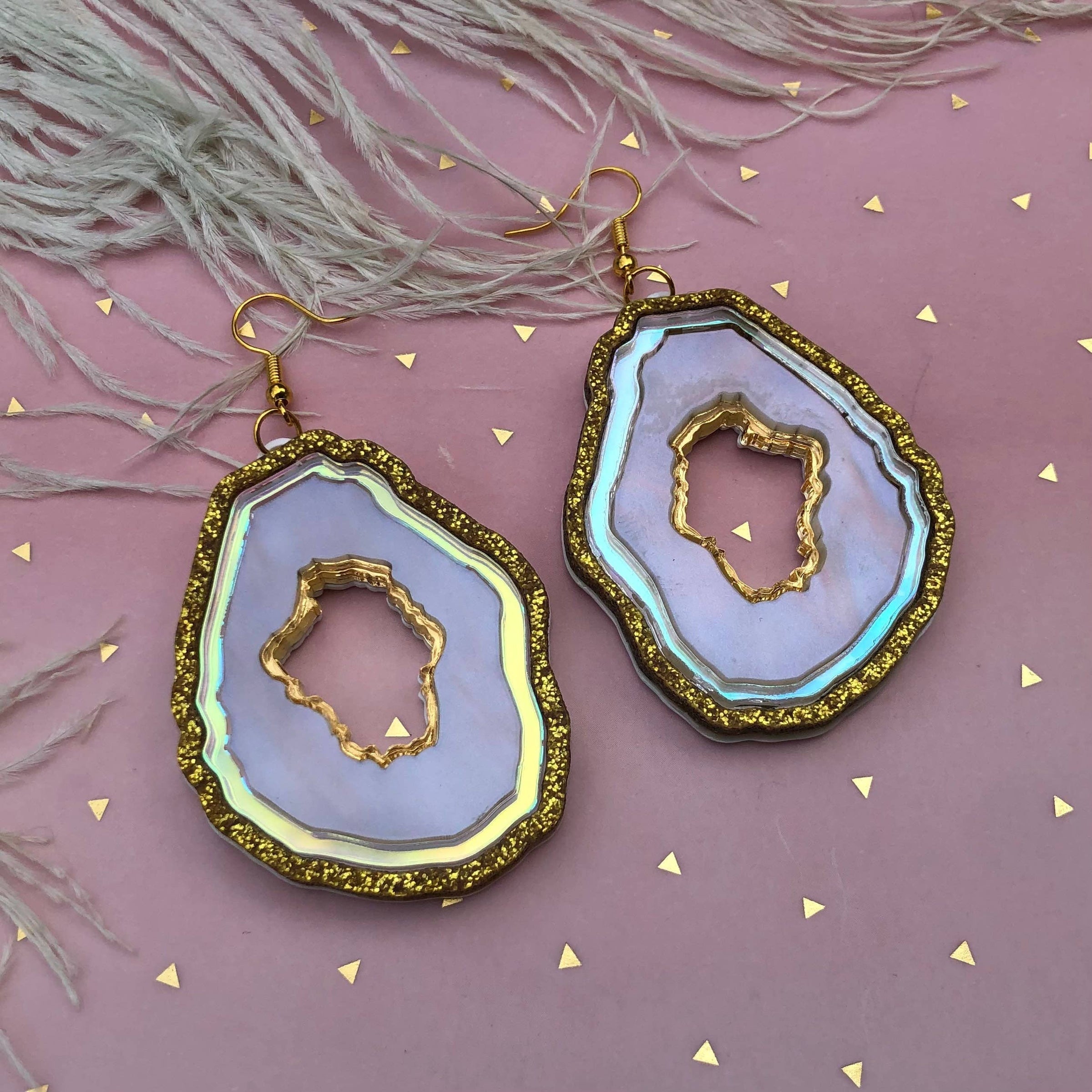 Gold Laser Cut Plastic Earrings Marble Pearl, Radiant, Gold Mirror