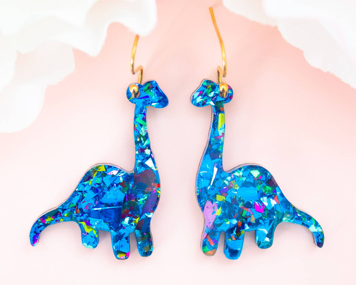 Blue Dinosaur Earrings, Acrylic Dangles Handmade