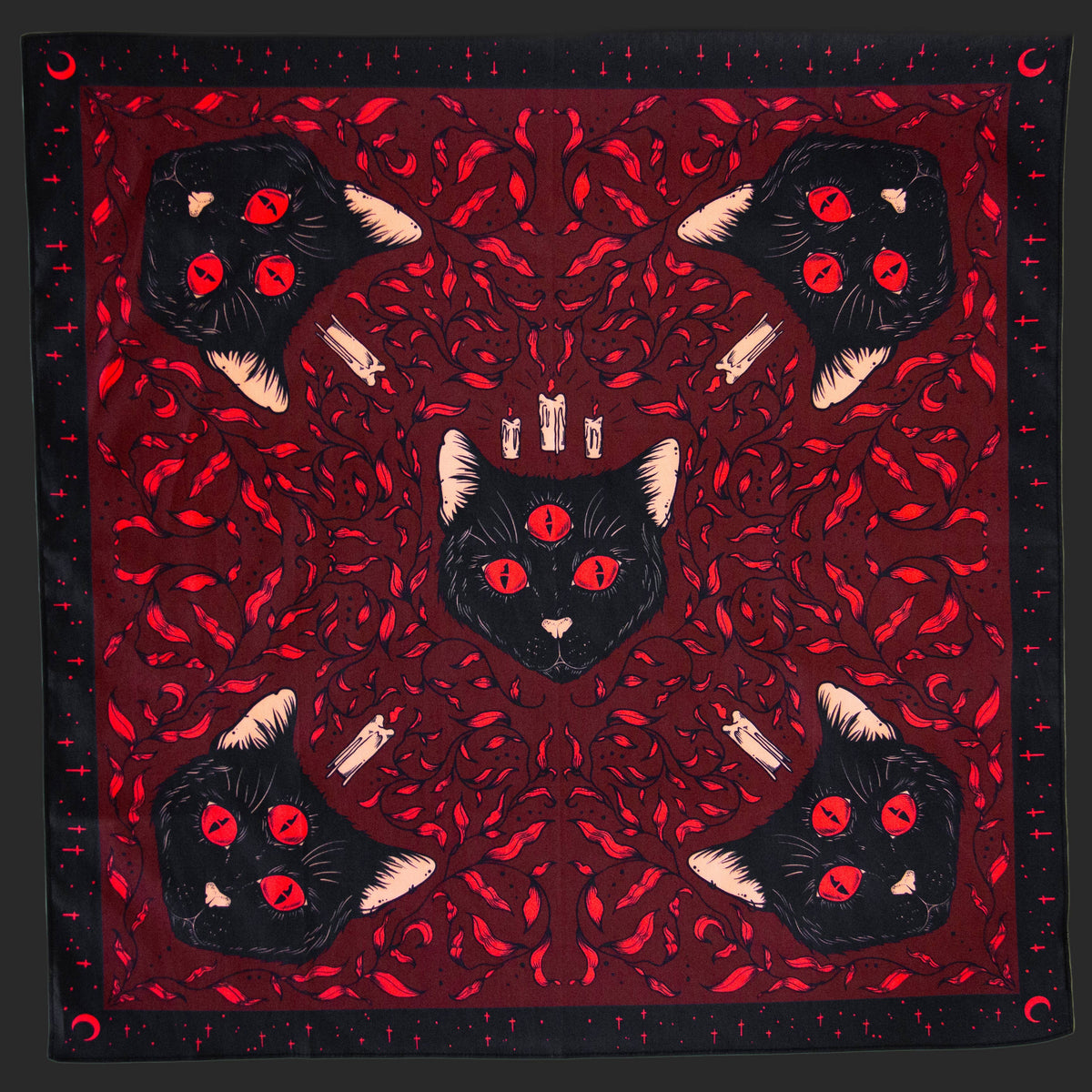 Witchy Black Cat Altar Cloth, Wall Hanging, Bandana: Red