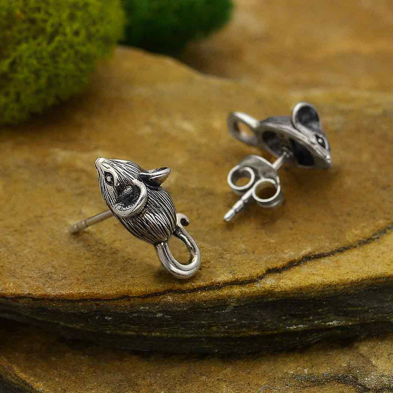 Sterling Silver Mouse Post Earrings 16x8mm