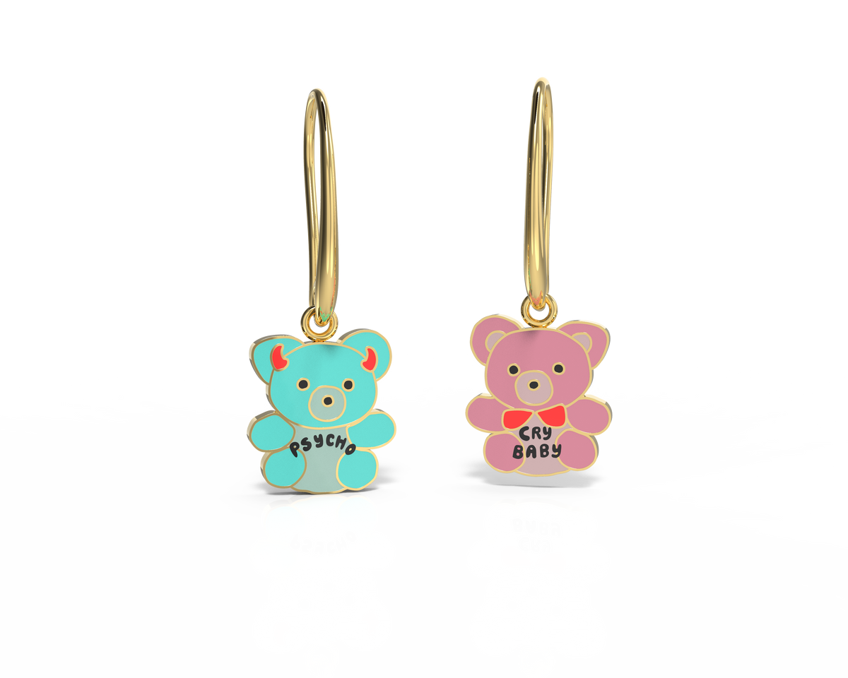 Cry Baby Psycho Teddies Earrings - 18k Gold Gilt Enamel