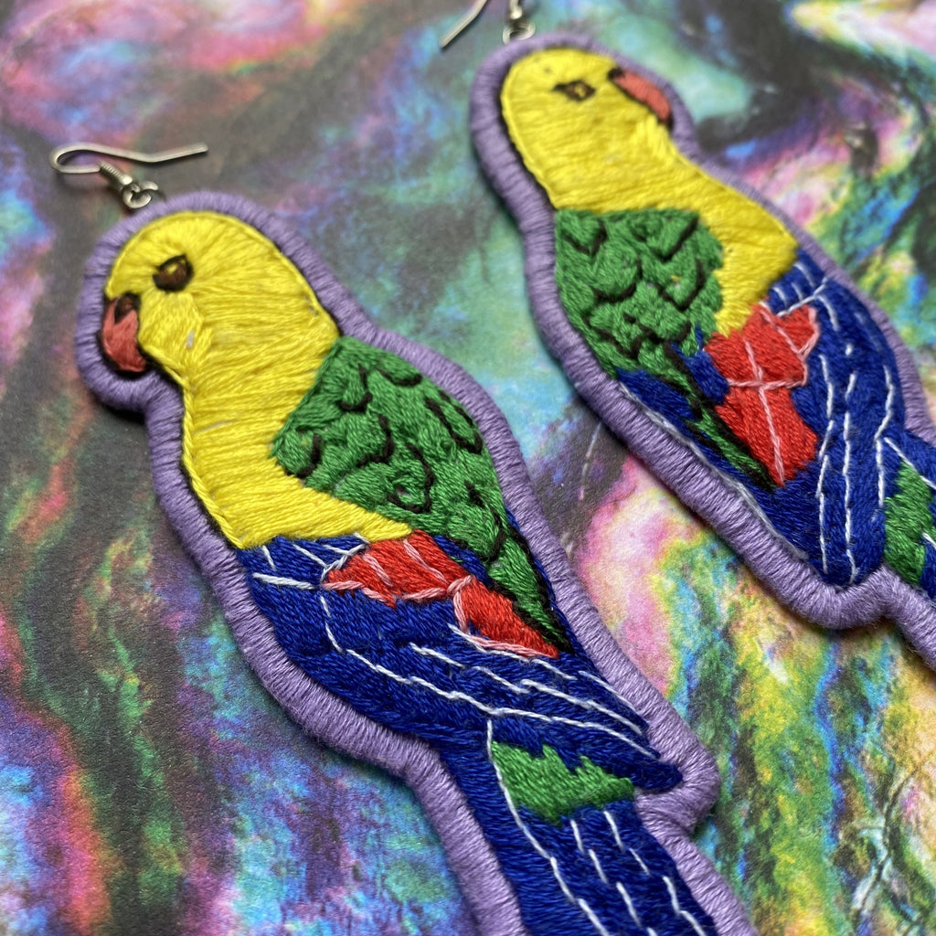 Yellow parakeet Embroidered Earrings