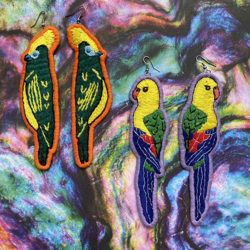 Yellow parakeet Embroidered Earrings