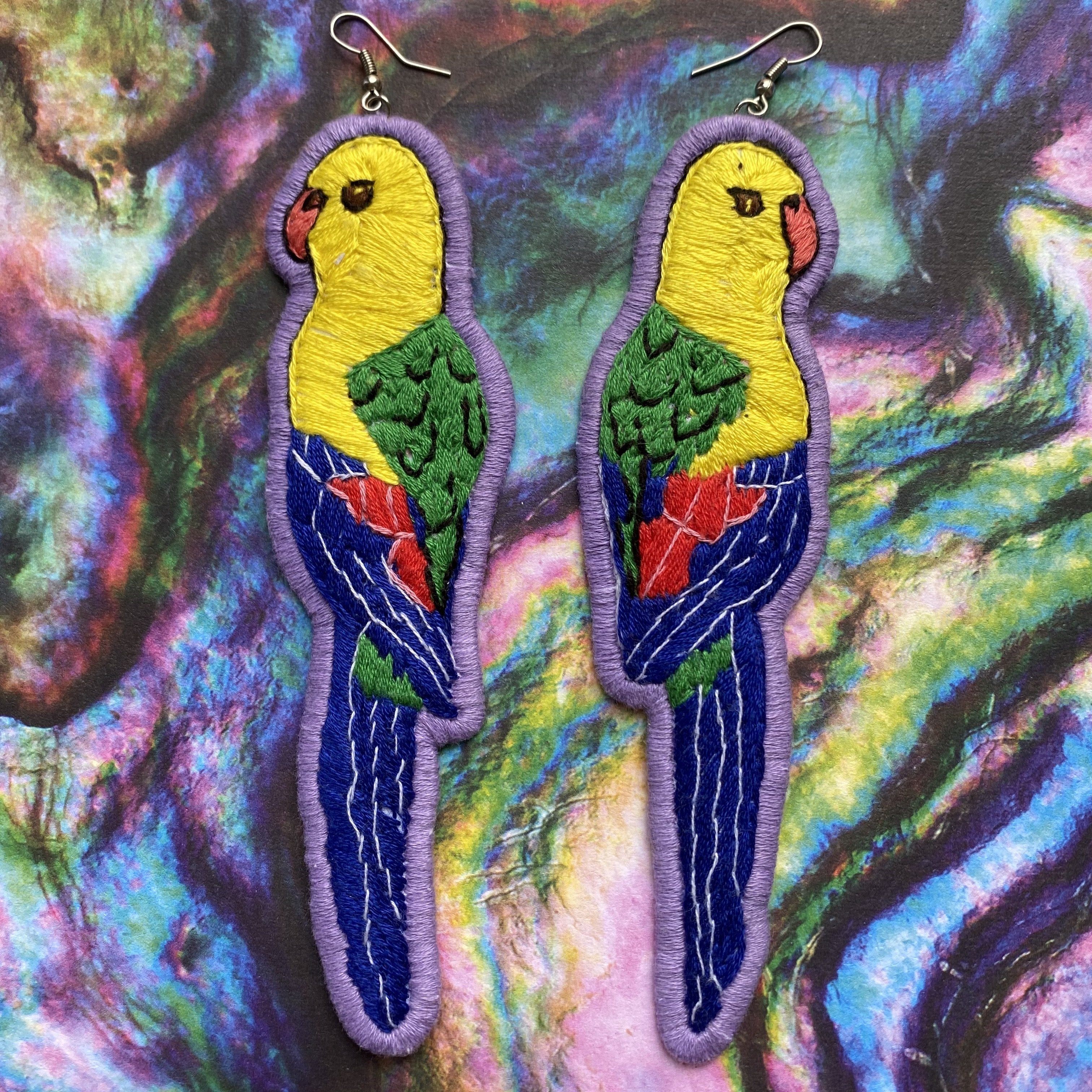 Yellow parakeet Embroidered Earrings