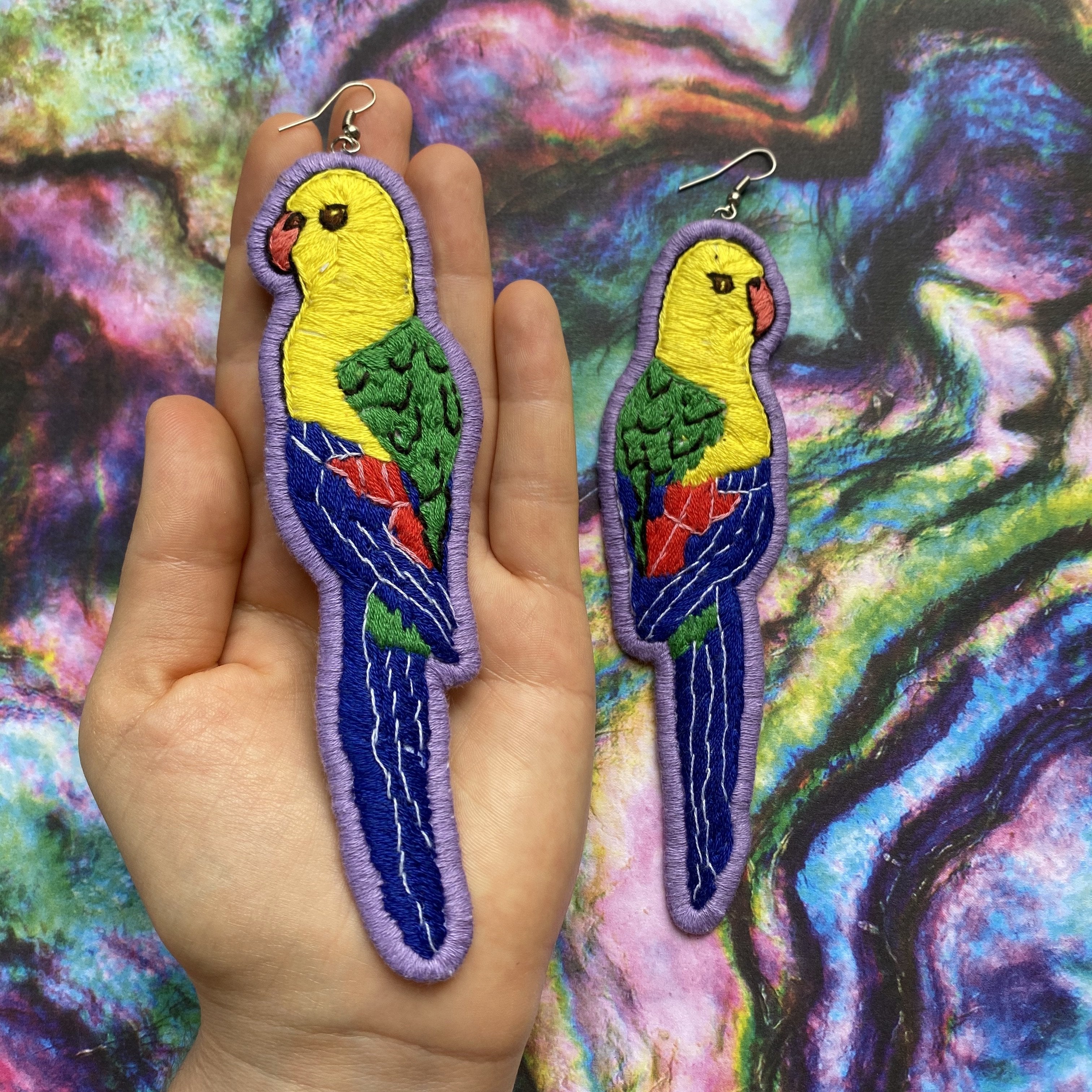 Yellow parakeet Embroidered Earrings