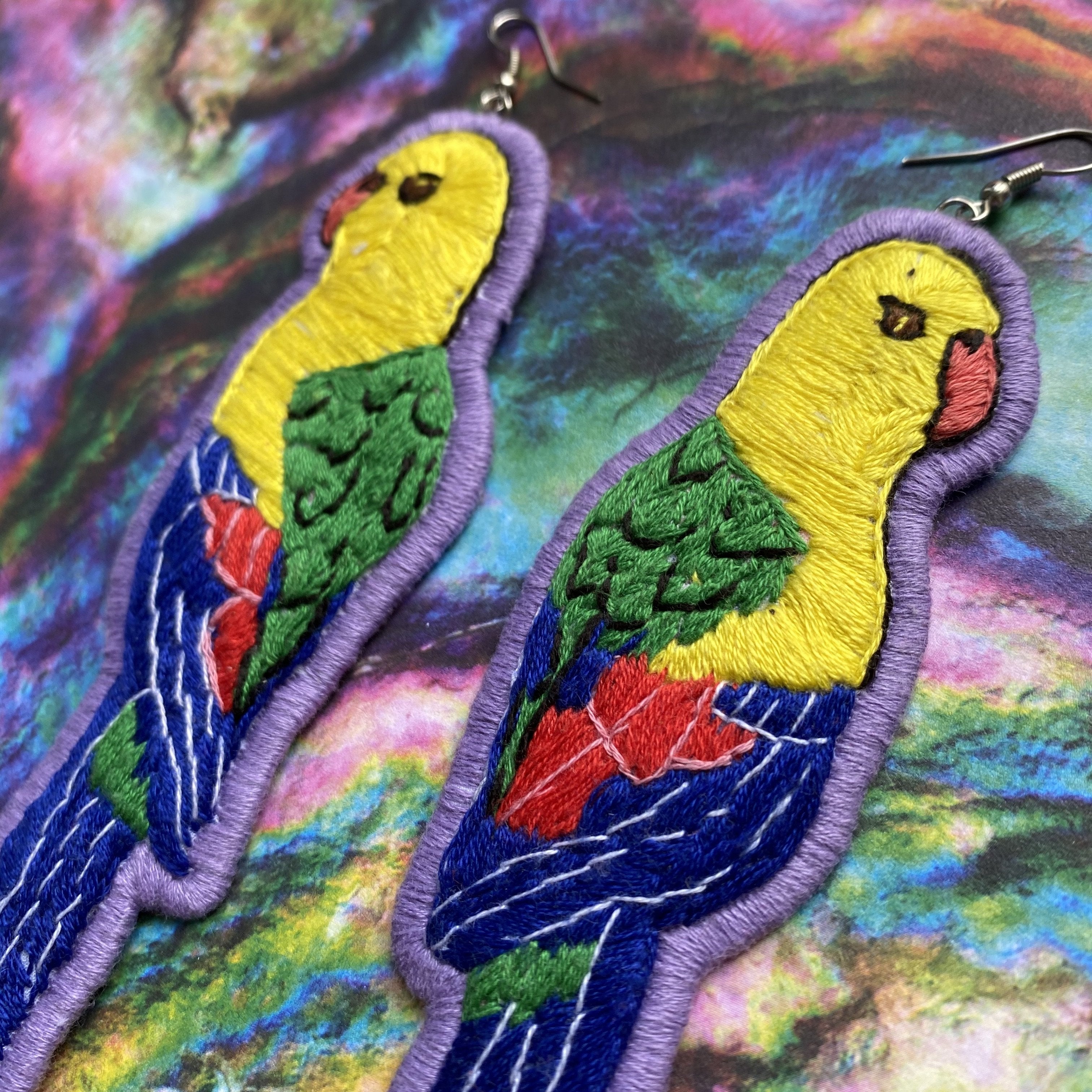 Yellow parakeet Embroidered Earrings